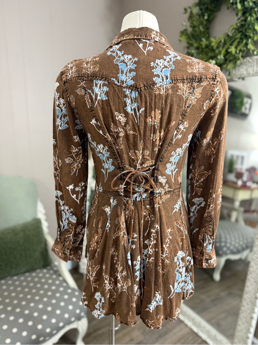 Lola P. • Brown Wash Floral Corset Tie Back Top